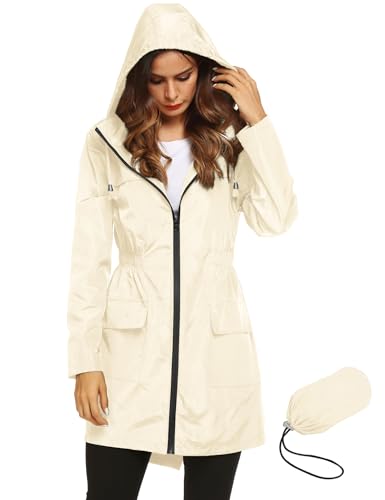 LOMON Womens Lightweight Raincoat Hooded Waterproof Active Outdoor Quick Dry Rain Jacket Beige M