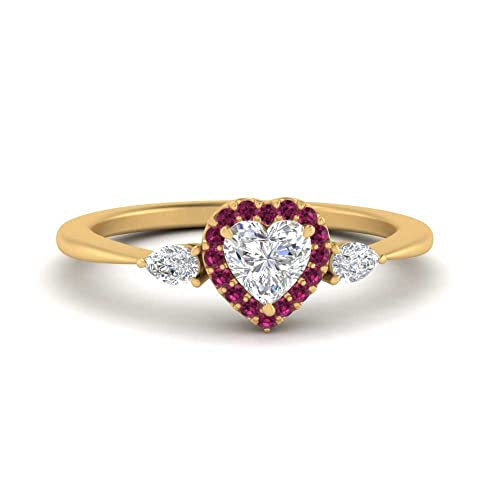 Image of 55Carat Choose Your Gemstone Halo Pear Accent Diamond CZ Ring Yellow Gold Plated Heart Shape Petite Engagement Rings Everyday Jewelry Wedding Jewelry Handmade Gifts for Wife US Size 4 to 12
