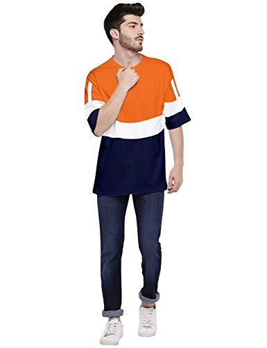 Image of EYEBOGLER Men's Striped Regular fit T-Shirt (T91 Orange-Navy Blue-White M)