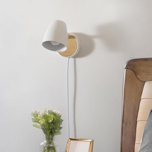 Image of Wall Sconce Plug in,White Wall Lights for Bedroom,Modern Wood Sconces Light with 180Rotation Metal Shade,e26 Wall Lamp with Switch for Living Room,Nightstand,Dining Room,Hallway,Corner,Stairway