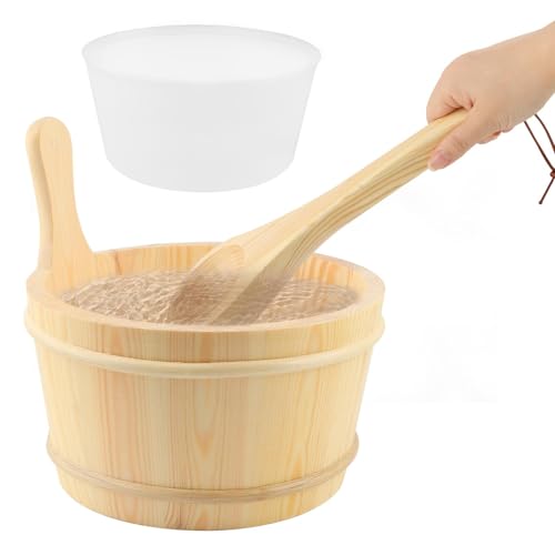 Wooden Bucket and Ladle Set 4L Capacity Sauna Water Bucket with Handle and Plastic Insert Wood Ladle Kit Barrel Set Accessories for Home-Sauna/Steam Room