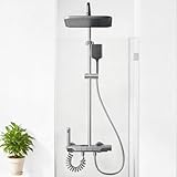 Kinhoou 2025 Upgraded Shower Riser Rail Kit Thermostatic Shower Mixer with Twin Heads Adjustable Square Overhead Rainfall with Handheld Dispenser and Shower Hose for Bathroom