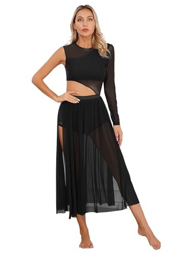 Xnihocha Vestido de danza lírica para mujer, manga larga, cuerpo de ballet, malla transparente, tutú de tul con corte, vestido de danza contemporáneo, Negro , S