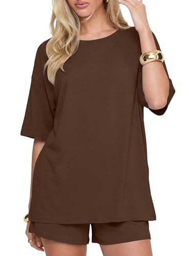 Image of Darong Women's 2 Piece Shorts Set Loungewear | oversized tshirts,crew neck top,drawstring shorts,elastic waist, side pockets,summer travel outfits