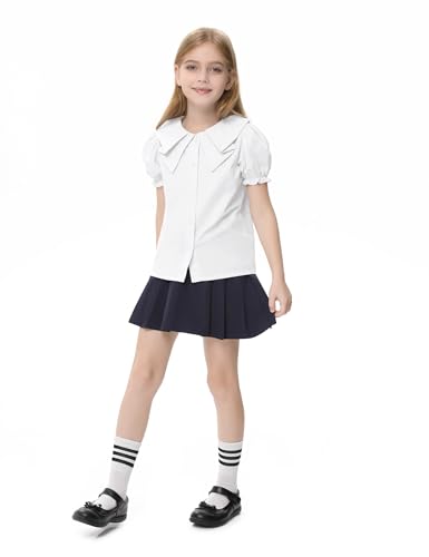 Girls Short Sleeve Peter Pan Blouse Puff Sleeve Button Down Shirt School Uniform Blouse 3-12 Years2