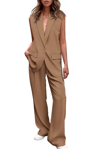 Women's 2-Piece Business Casual Suit Set - Sleeveless Vest & Wide Leg Pants with Blazer, Office Work Outfit