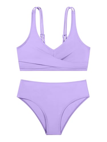 Girls Swimsuit 2 Piece Tropical Floral Twist Cross Swimwear High Waisted Bikini Set Teen Solid Color Bathing Suit 9-16T