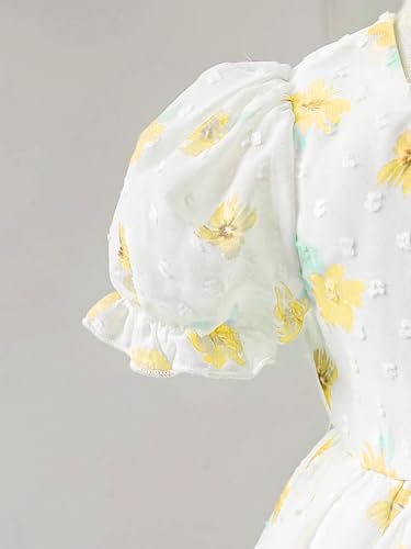 Image of Buy & Try Girls Silk Party Dress, Floral Printed Knee Length Frock with Short Sleeves, Comfortable Fit & Zipper Closure, Elegant Birthday, Wedding, Festival & Special Occasion Wear for Kids