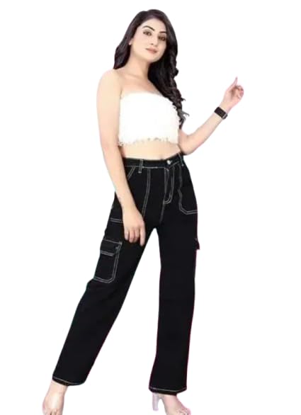 Women’s High Waist Cargo Pants, Black Denim, Wide Leg Style, Contrast Stitching, Casual Wear