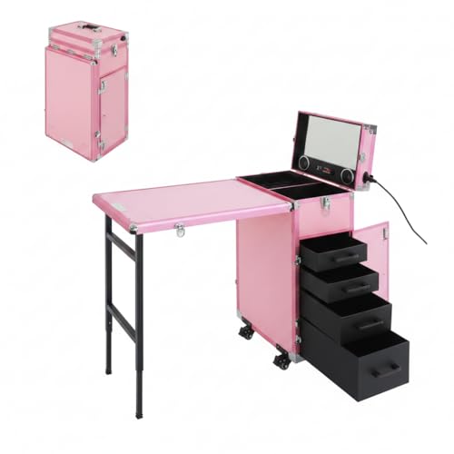 Carro de cosméticos con ruedas y mesa, maletín de cosméticos, 4 cajones, maletín grande con espejo y altavoz Bluetooth, mesa de uñas, estación de maquillaje móvil para salón de uñas y peluquería (rosa