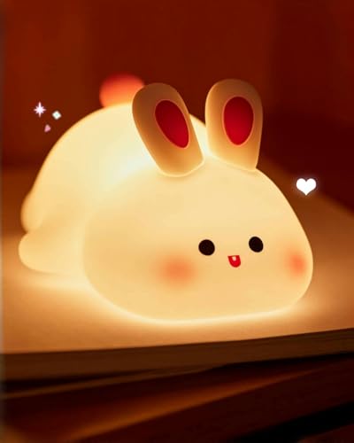Daixinde Big Face Rabbit Night Light for Kids Squishy Silicone Bunny Lamp with Touch Control 3 Brightness Levels 30-Min Auto-Off Timer Rechargeable Bedside Nursery Lamp