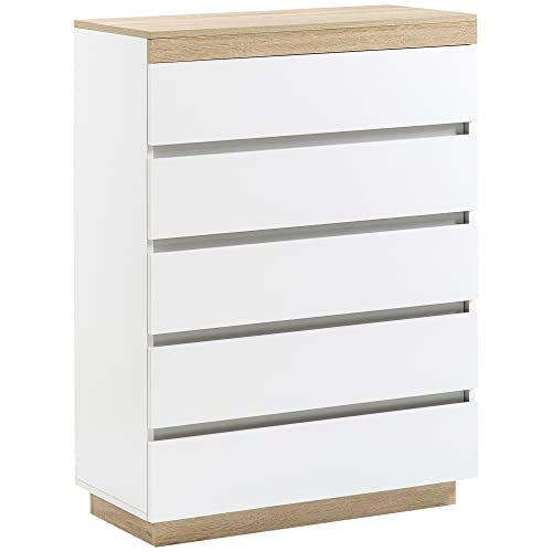HOMCOM Commode en Bois à 5 tiroirs, Commode de Chambre à Coucher avec Dispositif Anti-basculement, 80x40x109 cm, Blanc et chêne
