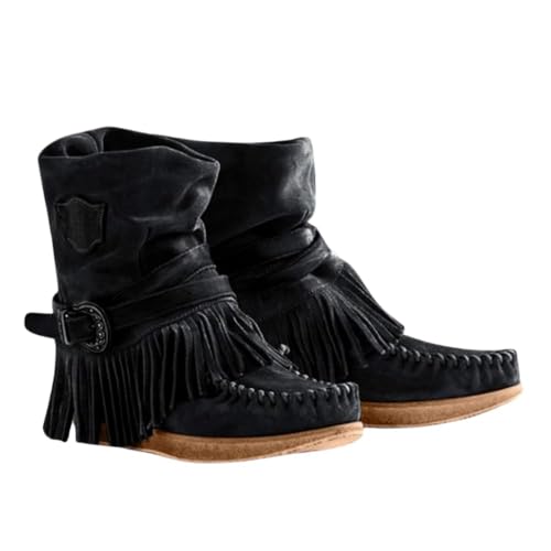 Botas vaqueras vintage bohemias para mujer, estilo vintage, bohemias, con flecos, plataforma de borlas, tacón grueso, botas vaqueras occidentales, cálidas para invierno, botas de equitación, botas