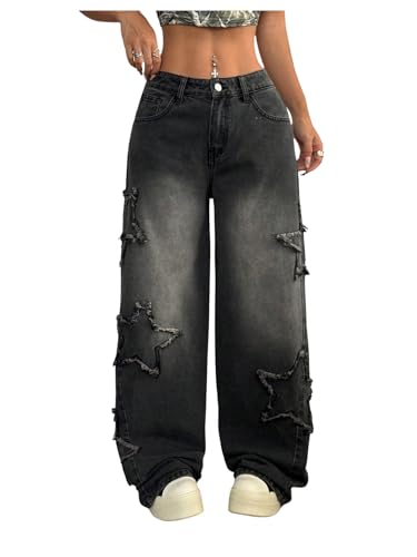 WDIRARA Women's Star Baggy Jeans Raw Trim Wide Leg Denim Pants Grunge Punk Streetwear