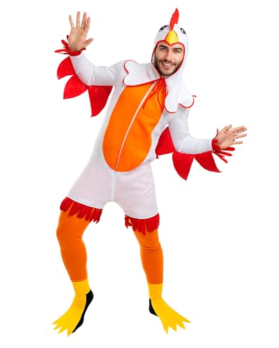 Funidelia Disfraz de Gallina para Hombre y Mujer con mono, pantalón, cubrepiés y capucha, Traje de animales para adulto, Disfraces de Carnaval y Despedidas – Talla L - XL
