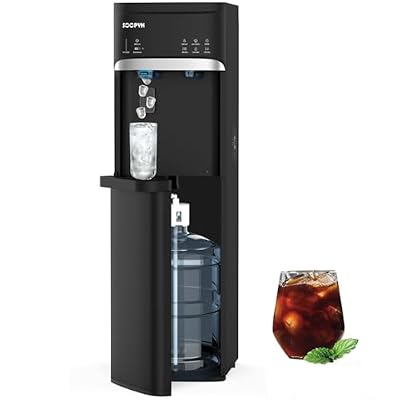 SOOPYK Self Cleaning Hot and Cold Water Cooler Dispenser with Ice Maker Bottom Load for 5 Gallon 22lbs Daily Capacity Empty Bottle Alert Night Light Black