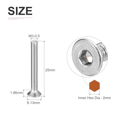Image of DTGN M3-0.5 x 25mm Flat Head Socket Cap Screws, 100 Pack 304 Stainless Steel Hex Socket Flat Head Screws, Full Thread, Countersunk Bolts