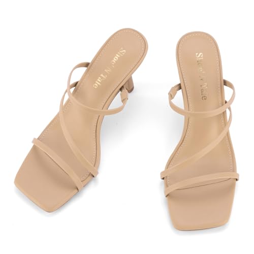 Image of Shoe'N Tale Strappy Kitten Heels For Women Stiletto Mules Square Open Toe Slip On Sandals