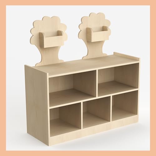 Acenova Montessori Shelf 5-Section Wooden Storage Cabinet with 2 Tree-Shaped Organizers, 2 Shelf Bookcase, Kids Classroom Organizer, Toddler Book Shelf for Kids Rooms, Playroom, Daycare and Preschool