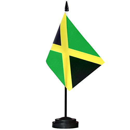 Anley Jamaica Deluxe Desk Flag Set - 6 x 4 Inch Miniature Jamaican Desktop Flag with 12" Solid Pole - Vivid Color and Fade Resistant - Black Base and Spear Top