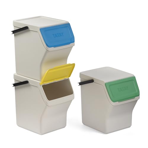 TATAY Recycling Kitchen Bin Easy Waste 20L | Set of 3 | Stackable Recycling Bins Modular Design | Click-Lid System | Integrated Carry Handle | Made from Recycled Material | 35x27x36 cm – White - Image 2