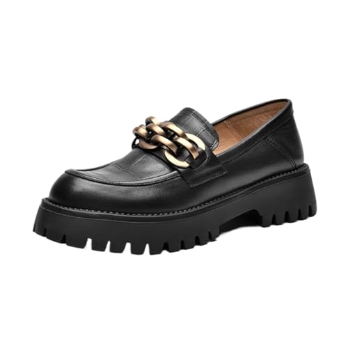 Loafers for Women Women's Casual Pure Cow Leather Thick Sole Round Toe Flat Shoes with Metal Chain