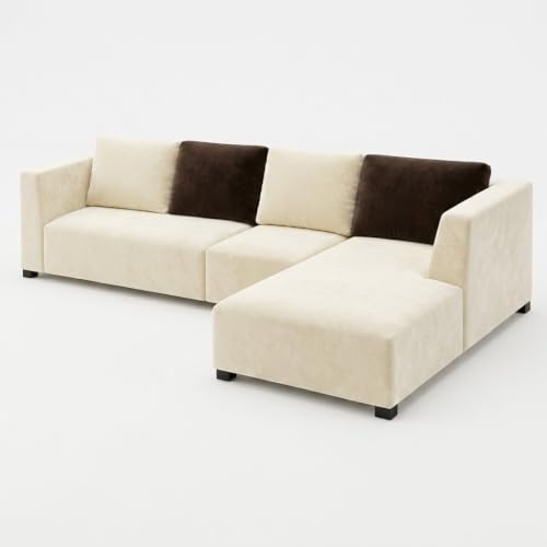 Image of FURNY Olympus 6 Seater RHS L Shape Sofa Set | Plush Velvet Suede Fabric | Modern Design | Soft Comfort Dual Color Cushions for Living Room, Office & Hotels (Cream-Dark Brown)