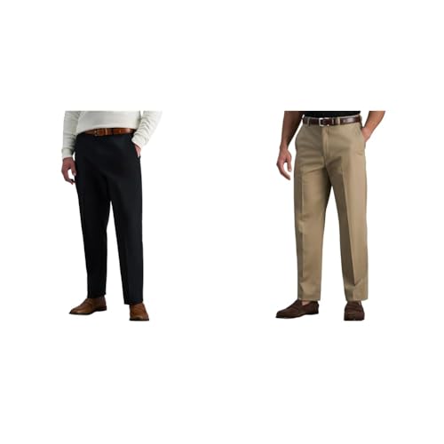 Bundle of Haggar Mens Premium No Iron Khaki Classic Fit Expandable Waist Flat Front Casual Pants, Black, 40W x 29L US + Khaki, 40W x 29L US