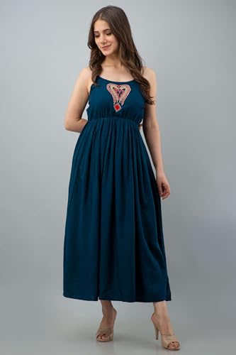 Image of Women's Rayon Sleeveless Embroidered Anarkali Kurti (Royal Blue)