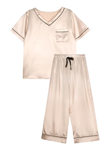 Remidoo Women's Short Sleeve V Neck Shirt with Capri Pants Lounge Set Silk Pj Set3
