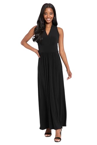 London Times Women's Sleeveless V-Neck Maxi Dress-Fitted Waist Floor Length Formal Wedding Guest Cocktail Evening Gown