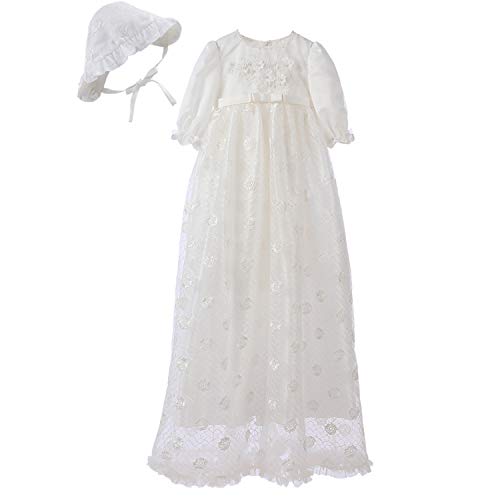 Booulfi Baptism Gifts for Baby Girls Satin Christening Baptism Floral Embroidered Dress Gown Outfit Cream