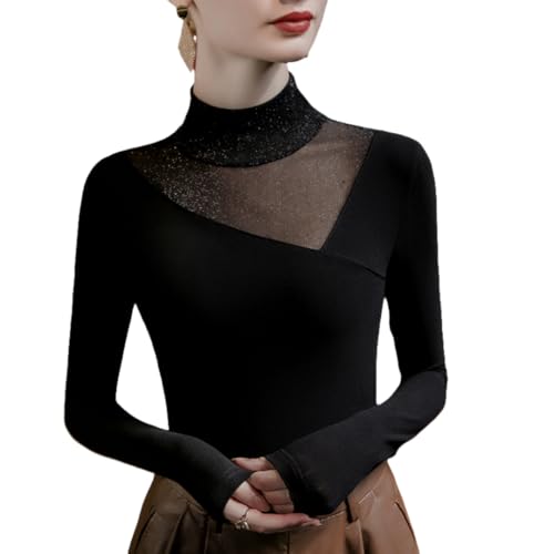 Image of Womens Solid Color Blouse Floral Mesh Sheer Top Mock Neck Double Lined Fitted Going Out Trendy Blouse Tops (Black,3X-Large)
