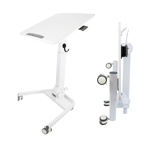 E-WIN 折りたたみ 昇降デスク キャスター付き ガス圧式 天板角度調整可能 スタンディングデスク 組立不要 天板サイズ:手前幅70cm×奥行50cm×高さ78-110cm 折り畳み パソコンデスク サイドテーブル 白 ホワイト フック付き SD71-WH