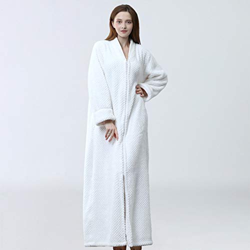 XRQ Womens Flannel Robes, Long Fleece Bathrobe Warm Waist Belt Super Soft Spa Plush Full Length Bath Robe with Shawl Collar,White,L