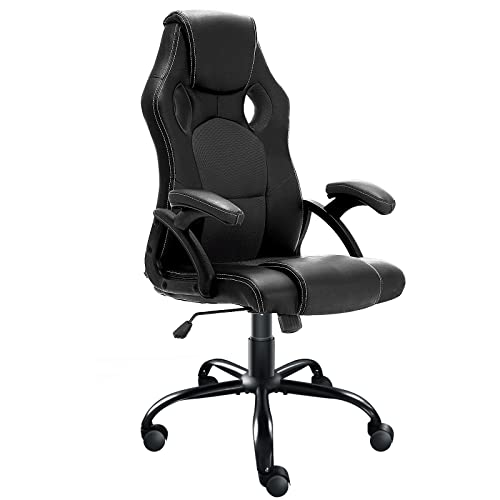 JL Comfurni Executive Office Chair Computer Desk Chair Ergonomic Swivel Gaming Chair Home Office Chair Faux Leather Rocking Racing Chair Black
