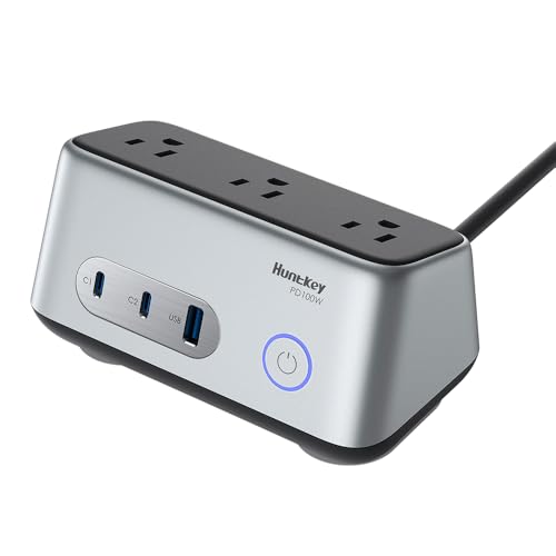 Huntkey 100W USB C Charging Station, 6-in-1 USB C Power Strip for iPhone14/15, 5ft Extension Cord with 3AC,1USB A,2USB C,Max 100W Power Delivery Accessory with Silicone Desktop Fixator (Grey