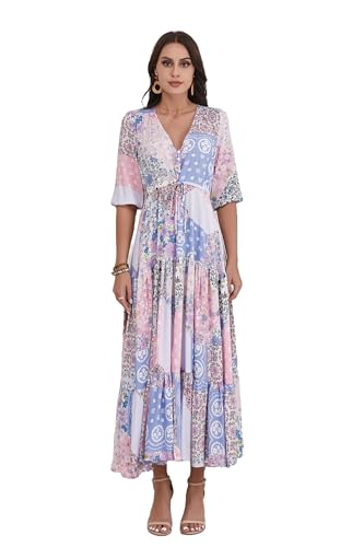 Image of Women Short Sleeve V Neck Floral Print Casual Bohemian Maxi Dresses