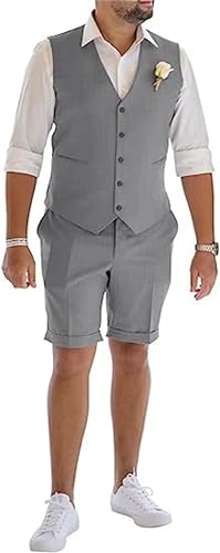 Mens 2 Piece Suits Set Vest with Short Pants Summer Beach Wedding Business Shorts Slim Fit Groomsmen Suit Sets