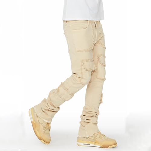 FOMOYUU Mens Stacked Jeans Slim Fit Ripped Jeans Destroyed Denim Pants Distressed Hip Hop Trouser Y2k Streetwear3