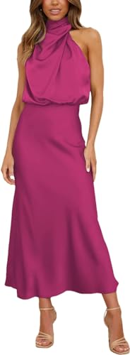 Vestido largo elegante de cuello alto para mujer, cintura alta, sin mangas, casual, vestido de noche para invitados de boda, Rosa Roja, M