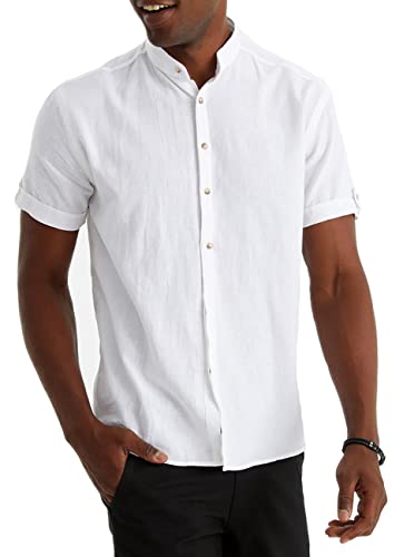 Leif Nelson Leinenhemd Herren Sommer weiß Kurzarm/Henley Hemd für...