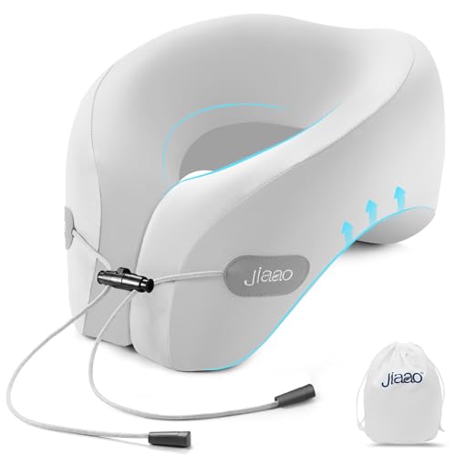 Image of jiaao Travel Pillow Memory Foam Neck Pillow for Airplanes with Adjustable Drawstring Support, Gray Travel Neck Pillow for Flights, Road Trips, Trains & Everyday Travel