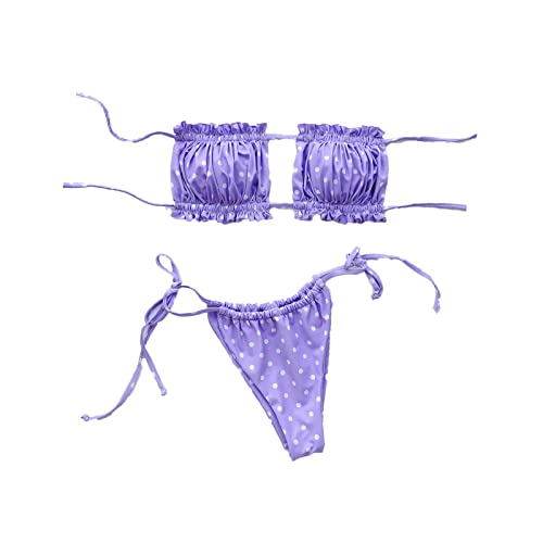 Conjunto de bikini bandeau recortado para mujer, con tirantes delgados, con cordones, traje de baño sexy de corte alto plisado, Púrpura, Large