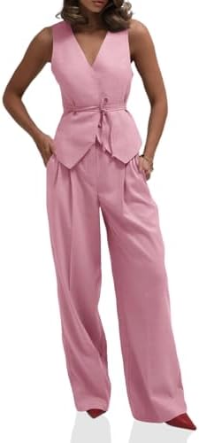 Cicy Bell Women's 2 Piece Outfits Sleeveless Tie Waist Suit Vest and Wide Leg Pants Business Casual Blazer Sets