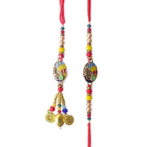 SATVIK Couple Rakhi: Bhaiya Bhabhi Rakhi Set with Kumkum Holder Thali, Roli Chawal, Greeting Card, and Soun Stickers - Celebrate Raksha Bandhan with Elegance and Tradition