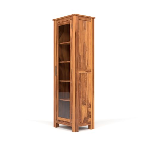 Image of Solid Sheesham Wood Bookshelf with Acrylic Glass Door | Rosewood Kitchen Cabinet with Storage Shelves for Dining Room & Office (A-Natural Finish)