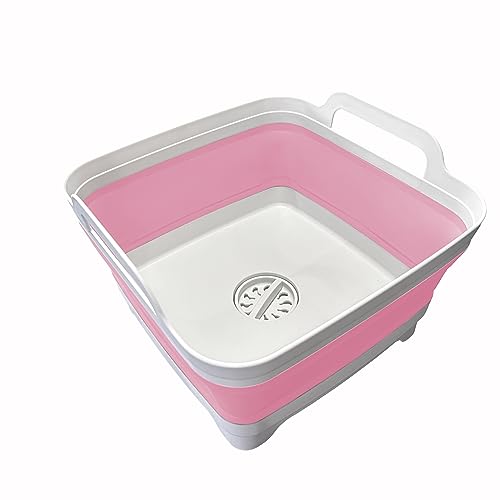 Image of Leemeimei 9L (2.4Gal Dish Basin Collapsible with Drain Plug Carry Handles , Space Saveing Kitchen Storage Tray Dish Wash Basin, Portable Dish Tub for Camping ,RV,Pink