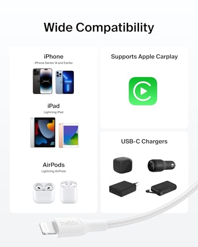 Image of Belkin Apple Certified Braided USB C to Lightning Cable 2 Meter - MFi Certified 18W Power Delivery iPhone Charger Cord - Apple Charger USB C Cable - Fast Charging for iPhone 14, iPhone 13 - White