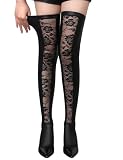 [ohyeah] PU 花柄レース ストッキング [XS~5XL] 大きいサイズ 弾力性 レディース ニーハイ ソックス 光沢 柔らかい ガーターストッキング 膝上 美脚 セクシータイツ ファッション 女王様 おしゃれ プレゼント バレンタイン ブラック L-2XL
